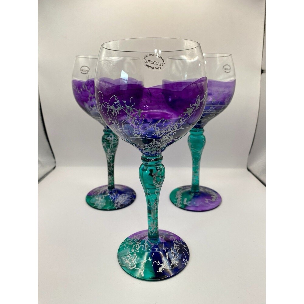 3 Euroglass Wine Glasses Goblets Purple Green/Teal Silver Abstract Romania